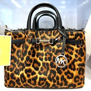 Michael Kors SM Carson Pebbled Leather Leopard Print Satchel Bag Butterscotch